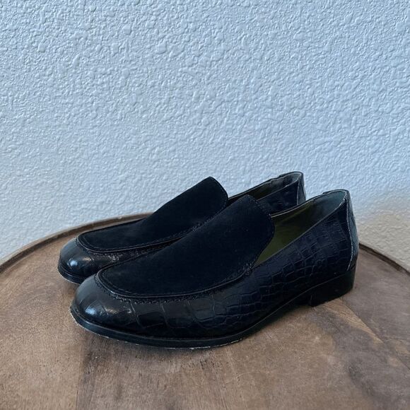 Lou Black Crocodile Embossed Leather Calf Suede Frankie Loafers Women's Size 8 - Picture 1 of 10
